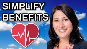A woman with a heart in front of clouds with the words simplify benefits for employees.