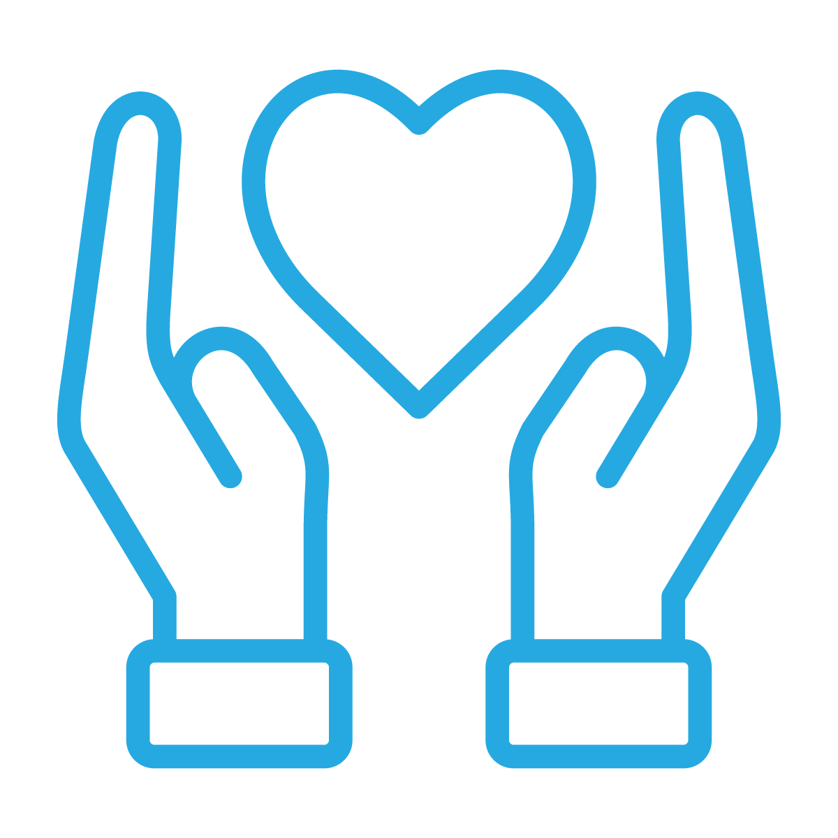 About two hands holding a heart icon on a white background.
