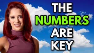 a professional woman's headshot against a blue sky background with text that reads "numbers are key"