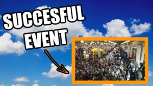 Collage image showing a text label "successful franchise territory event" with an arrow pointing to two photos: one of a crowded indoor expo and another of a large group of people posing outdoors under a sunny